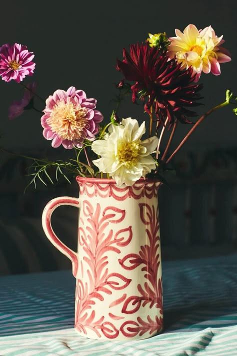 Late Afternoon – Maison Flâneur Cocktail Pitcher, Diy Pottery Painting, Box Creative, Decorative Leaves, Pottery Painting Designs, Southern Spain, Hand Painted Pottery, Hand Painted Vases, Ceramic Jug