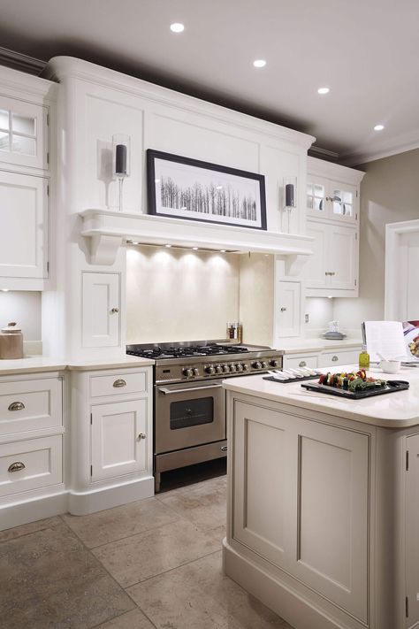 Cream Painted Kitchen | Tom Howley Cooker Mantle, Spain Kitchen, Statement Island, Kitchen Mantle, Kitchen Canopy, Tom Howley, Kitchen Refurbishment, Windows Kitchen, Curved Kitchen