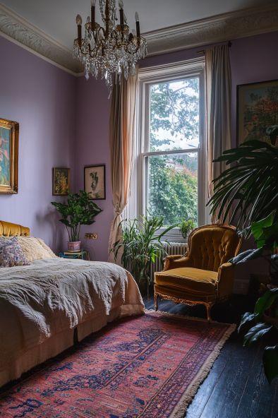 19 Stunning Boudoir Bedroom Ideas that Add Luxury to Your Space Daybed Layout Small Bedrooms, Lilac Accent Bedroom, Italianate Bedroom, Berry Colored Bedroom, Black And Lilac Room, Jewel Box Bedroom, Room Inspiration Bedroom Purple, Sultry Boho Bedroom, Soft Lavender Bedroom