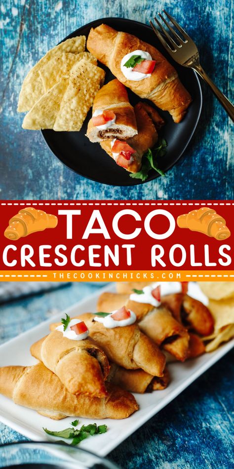 Using only 4 ingredients, these Taco Crescent Rolls are perfect for quick weeknight dinners or as a game-day appetizer. Taco seasoned ground beef combined with your favorite salsa, stuffed inside a crescent roll! Add your favorite taco toppings and make these your own! Taco With Crescent Rolls, Taco Ring With Crescent Rolls, Easy Crescent Taco Bake, Rolled Tacos Recipe, Taco Crescent Rolls, Crescent Roll Recipes Appetizers, Crescent Roll Taco Bake, Taco Ring, The Cookin Chicks