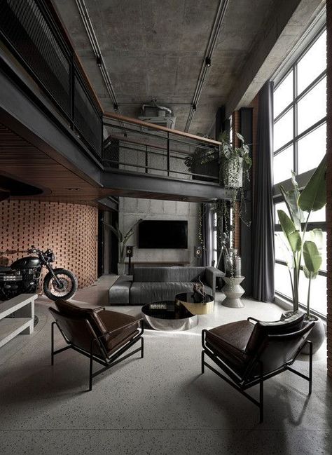 #homedecor#decor#home#homeidea#blackstyle#inspireyou#livingroom#darklivingroom#darkstyle#luxurystyle#luxury#black#dark#grey#gray#decoridea#black#blackandgrey#minimalistdecor#minimalist#sofa#desk#art#carpet Industrial Interior Design Furniture, Industrial Interior Furniture, Modern Industrial Interior Color Palette, Industrial Lobby Design, Brick Feature Wall, Industrial Loft Design, Modern Industrial Interior, Industrial Style Interior, Industrial Home Design