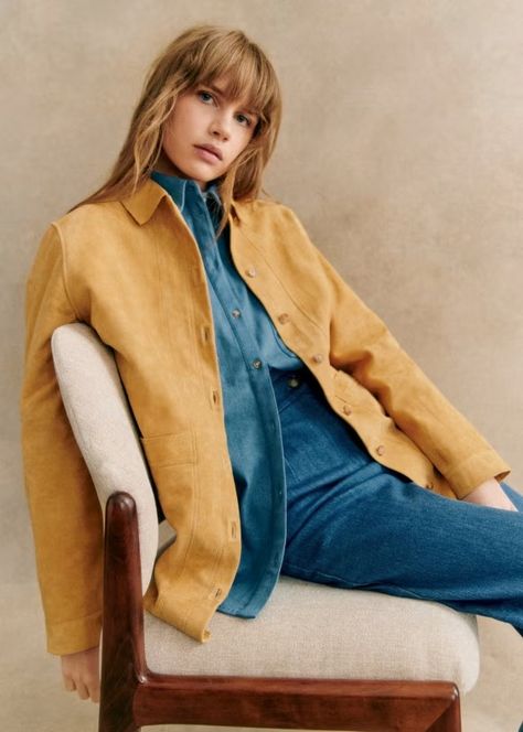 Will Jacket - Camel Suede - Goat leather - Sézane Sezane Will Jacket, Mustard Jacket, Denim Suit, Checked Jacket, Polo Sweatshirt, Patchwork Jeans, Swimwear Dress, Oversized Jacket, Goat Leather