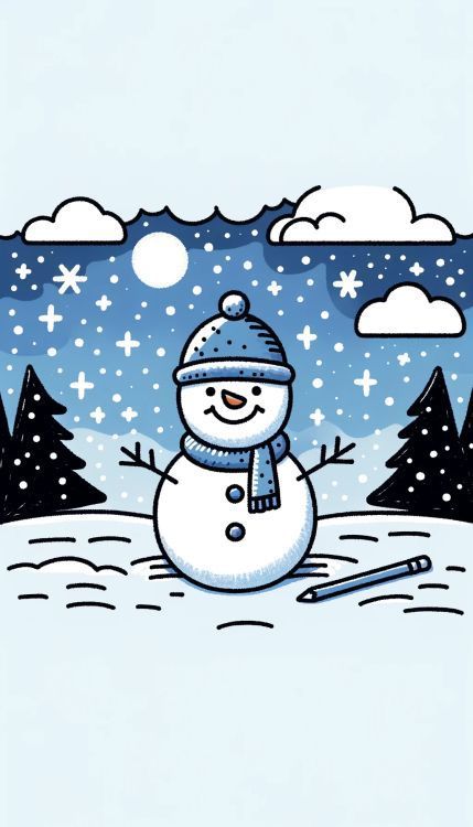 The image illustrates a snowman in a wintry landscape, complete with a smiling face, stick arms outstretched, and wearing a snug hat and scarf. The background features a night sky filled with stars and falling snowflakes, fluffy clouds, and silhouettes of pine trees, creating a picturesque and serene snowy scene. Snow Flakes Painting Ideas, Winter Landscape Drawing Easy, Easy Winter Drawings For Kids, Cute Snowman Drawing Easy, Christmas Drawing Easy For Kids, Snowmen Drawings For Kids, Easy Winter Drawings, Snowy Drawing, Snowman Drawing Easy