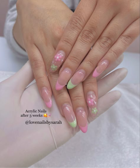 March Nails Aesthetic, Pink Green French Tip Nails, Nail Ideas Pink And Green, Almond Nails Pink And Green, Light Pink And Light Green Nails, Spring Nails Pink And Green, Pale Pink And Green Nails, Cute Pink And Green Nails, Pink And Green Spring Nails