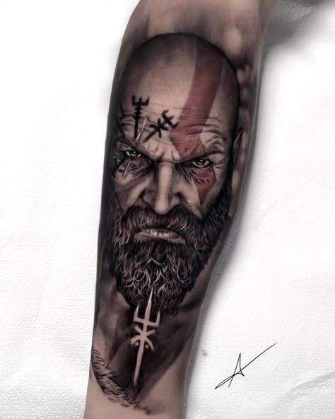 Kratos Tattoo Greek Mythology, Gaming Tattoos For Men, Kratos Tattoo Ideas, Kratos Tattoo Design, Enzo Tattoo, Viking Tattoos For Men, Viking Warrior Tattoos, Gladiator Tattoo, Spartan Tattoo