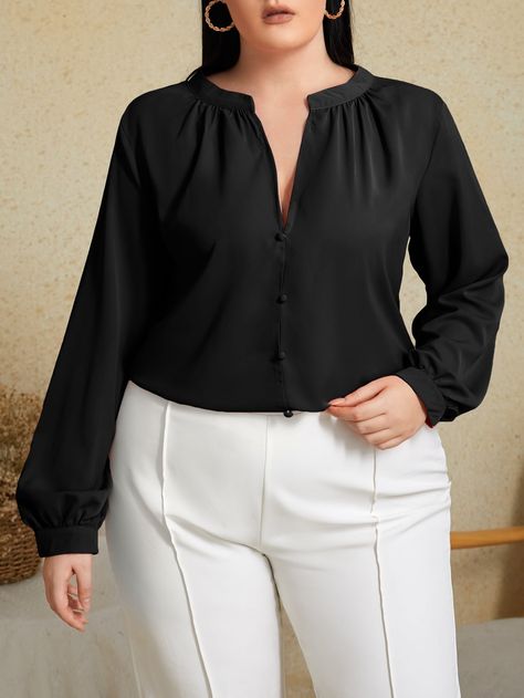 Black Elegant  Long Sleeve Polyester Plain Shirt Embellished Non-Stretch Spring/Fall Plus Size Tops Office Attire Women, Lantern Sleeved Blouses, Professional Outfits Women, Loose Fit Shirts, Plus Size Kleidung, Professional Outfits, Business Casual Outfits, Work Attire, Casual Blouse