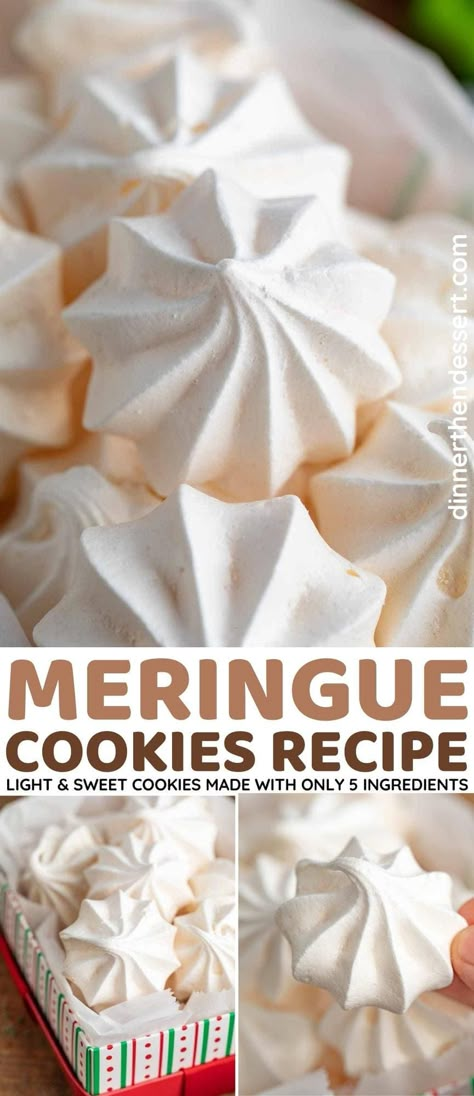 Meringue Cookies are light and sweet cookies made with ONLY 5 ingredients like sugar and egg whites, and bake in under 60 minutes! Surprise Meringue Cookies, Maple Meringue Cookies, Small Batch Meringue, Egg White Dessert Recipes, Mirangue Cookies, Egg White Cookies, Meringue Cookies Recipe, Squares Recipes, Vanilla Meringue Cookies