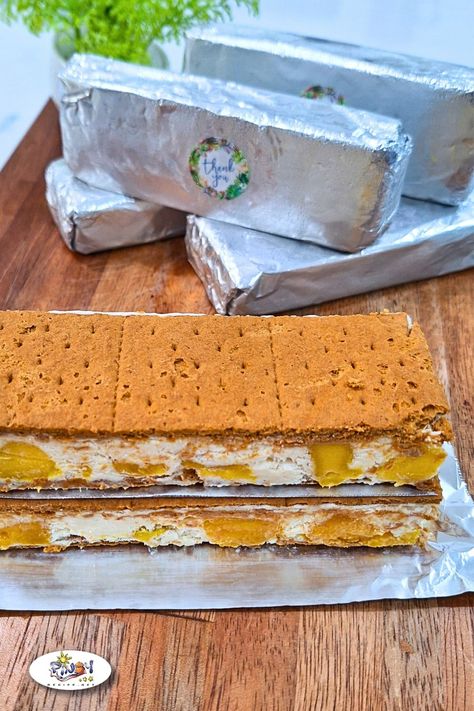 Graham Bar In Foil, Mango Graham Bar, Custaroons Recipe, Graham Bar, Graham Bars, Mango Bar, Filipino Soup Recipes, Mango Filling, Graham Recipe