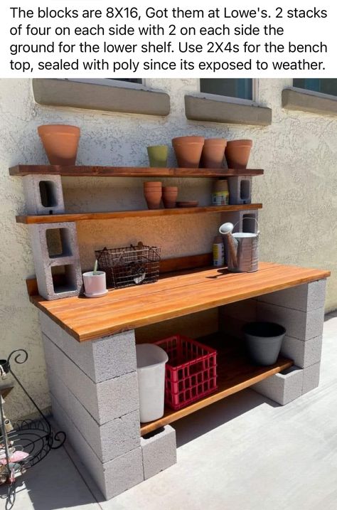 Cinder Block Tiered Plant Shelves, Cinder Block Potting Table, Cinder Block Plant Stand, Easy Small Garden Ideas, Cinder Blocks Diy, Garden Work Bench, Diy Garden Table, Diy Potting Bench, Outdoor Potting Bench