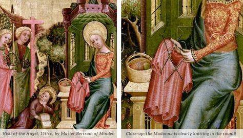 Visit of the Angel, 15th c., Master Bertram of Minden depicts the Madonna knitting in the round. Fra Angelico, Knit In The Round, Gothic Art, 14th Century, Machine Knitting, Middle Ages, Metropolitan Museum, Art Forms, Madonna