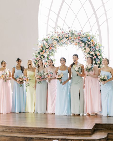 real life princess-ing 👑 the weinberg’s checkered floor + her dress and a pastel floral palette reads Alice in Wonderland!! The sweetest Loveshack Fancy Wedding, Pink Yellow And Blue Wedding, Pastel Wedding Theme Groomsmen, Pastel Wedding Party Groomsmen, Pastel Wedding Bridesmaids Dresses, Romantic Pastel Wedding Theme, Wedding Pastel Theme, Pastel Wedding Colors Palette, Dusty Blue And Pink Wedding Theme