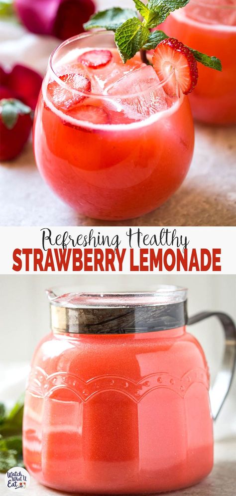 Easy Homemade Fresh Strawberry Lemonade -- healthy, refreshing and cooling drink recipe to enjoy the warm days of spring and summer. | #watchwhatuwat #lemonade #summerdrink Lemonade Healthy, Recipe Lemonade, Drinks Homemade, Fresh Strawberry Lemonade, Lemonade Strawberry, Party Beverages, Healthy Summer Drinks, Strawberry Limeade, Homemade Strawberry Lemonade