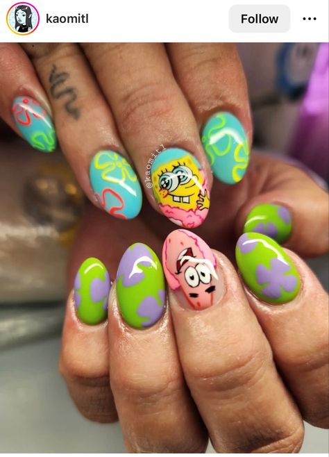 Patrick Star Nails Design, Spongebob Gel Nails, Spongebob Nails Designs Short, Simple Spongebob Nails Designs, Nickelodeon Nail Art, Patrick Nails Spongebob, Spongebob Short Nails, Spongebob Nails Short, Spongebob Sky Nails