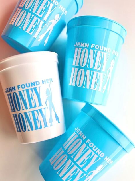 Mamma Mia Bachelorette Party: What You Need to Start the Party Custom Bachelorette Cups, Dancing Queen Bachelorette Party, Honey Honey Mamma Mia, Mama Mia Themed Bachelorette Party, Mama Mia Bachelorette Party, Disco Cups, She Found Her Honey, Mamma Mia Bachelorette Party, Bride Cup