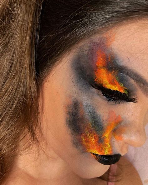 Fire Make Up Halloween, Burn Marks Makeup, Festive Face Paint, Halloween Burn Makeup, Fire Costume Makeup, Fire Face Painting, Fire Themed Makeup, Volcano Makeup, Burning Witch Costume