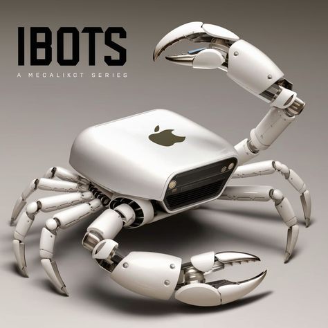 mechanical creation named “ibots” that takes inspiration from a crab’s form. The main body of the robot is crafted from the casing of an Apple product, as evidenced by the visible Apple logo. This detail suggests a repurposing of familiar technology into a new, imaginative form. All. the parts are glossy white. Crab Robot, Car Illust, Futuristic Inspiration, Crab Tattoo, Motion Graphics Design, The Robot, Robot Design, Robots Concept, Robot Concept Art