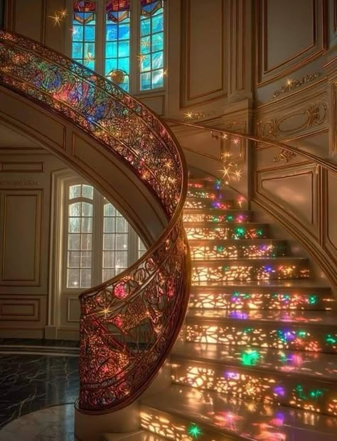 Unique Railings For Stairs, Victorian Style Staircase, Cool Staircases, Cinderella Staircase, Arched Staircase, Fancy Staircases, Pretty Staircase, Circle Stairs, Amazing Staircases