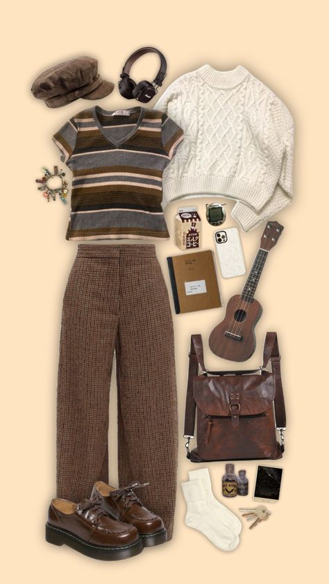 Countrycore Aesthetic Outfit, Vintage Outfit Inspo Retro, Brown Vintage Outfit, Coffee Shop Style Outfits, Thrift Style Outfits Vintage, Png Aesthetic Vintage, Brown Aesthetic Outfits, Outfit Inspo Aesthetic Vintage, Brown Aesthetic Outfit