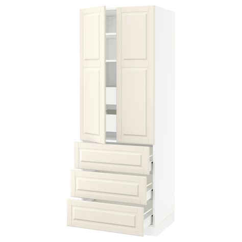 IKEA SEKTION White Förvara, Bodbyn Off-White High cabinet w/2 doors & 5 drawers Craft Armoire, High Cabinet, Drawer Rails, Kitchen System, Painted Drawers, Plastic Edging, Ikea Home, Home Planner, Kitchen Installation