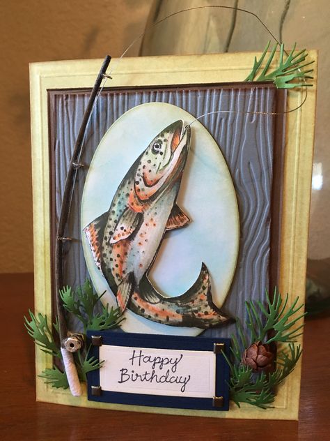 Masculine Handmade fishing card for Fathers Day or Birthdays with a stick from the backyard for the fishing pole with beading wire and jump rings and a barrel shaped bead, fish colored with watercolor pencils. Fish Cards Handmade, Fishing Cards Handmade, Fish Cards, Fish Card, Diy Fishing Birthday Card, Fishing Card Ideas, Birthday Greetings For Father, Handmade Fishing Birthday Cards, Fishing Birthday Cards For Men