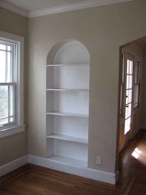 built-in bookcase Bookcase Between Studs, Bookshelf Between Studs, Bookshelves Between Studs, Between The Studs Bookshelf, Shelves Built Into Wall Studs, Recessed Shelves Between Studs, Recessed Bookshelves, Shelves Interior Design, In Wall Shelves