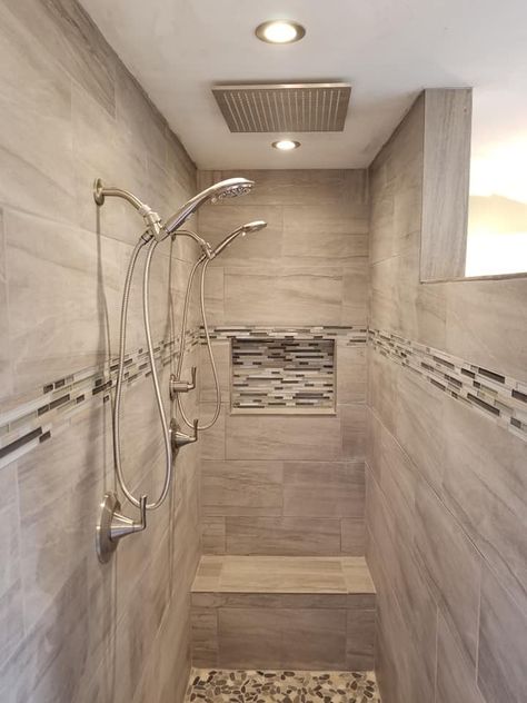 Walk In Shower 2 Shower Heads, Tiled Walk In Showers With Bench, Two Shower Heads Walk In, Unique Bathroom Shower Ideas, Rainfall Shower With Bench, Master Shower With Two Shower Heads, Big Tile Shower Ideas Walk In, Deep Walk In Shower, 2 Head Shower Walk In