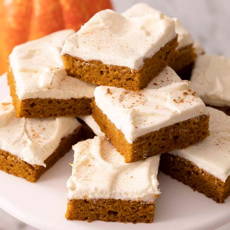 Pumpkin Bars - Preppy Kitchen Pumpkin Bars With Cream Cheese Frosting Jelly Roll Pan, Pumpkin Bars Recipe, Easy Pumpkin Bars, Loaf Breads, Thanksgiving Board, Canned Pumpkin Recipes, Pumpkin Spice Treats, Pumpkin Squares, Pumpkin Cravings