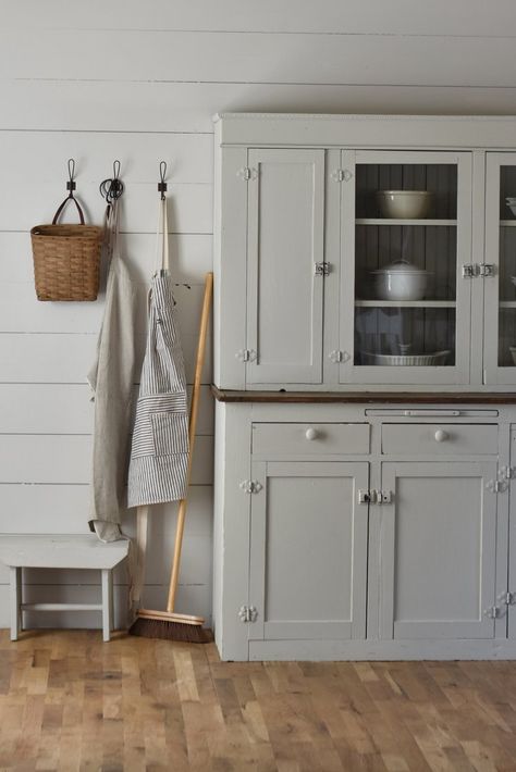 Magnolia Paint Colors, Linen Aprons, Wooden Broom, Farmhouse Styling, Farmhouse Hutch, Magnolia Paint, Hutch Makeover, Hutch Cabinet, Farmhouse Cabinets