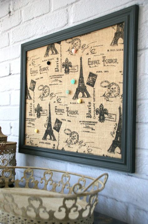 Tutorial explaining how to easily update a plain cork board with burlap or fabric. canarystreetcrafts.com Fabric Covered Bulletin Board, Emoji Diy, Fabric Bulletin Board, Cork Diy, Memo Boards, Cork Crafts, Old Frames, Cork Board, New Wall