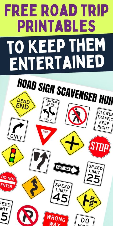 Fun printables for kids. how to make road trips more bearable. Free road trip printables! Road Signs Printable Free, Traffic Signs Printables Free, Road Signs Printable, Free Road Trip Printables, Road Sign Scavenger Hunt, Free Travel Printables, Fun Printables For Kids, Road Trip Printables, Travel Binder