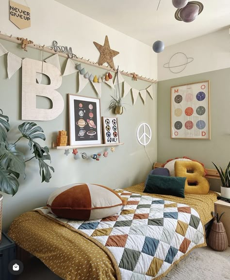 Scandinavian Boys Room, Farrow And Ball Boys Bedroom, Boys Bedroom Colour Scheme, Green Childrens Bedroom, Toddler Big Boy Room Forest, Boys Explorer Bedroom, Kids Room Paint Ideas, Nordic Kids Bedroom, Boho Boys Room