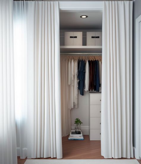 Alternatives To Closet Doors, Curtains As Closet, Office Closet Design, Alternative Closet Door Ideas, French Closet Door, Curtain Wardrobe Doors, Closets Without Doors Ideas, Closet Door Replacement, Replacing Closet Doors