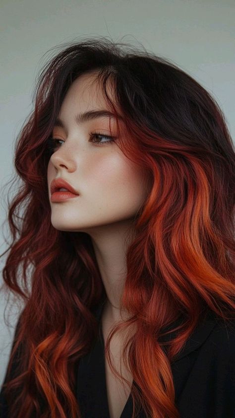 Black And Amber Hair, Red Fashion Color Hair, Brown Hair With Vibrant Colors, Hidden Red Hair Color, Auburn Hair Dye Ideas, Red Hair Color Inspiration, Natural Hair Color Ideas For Pale Skin, Orange Hair Dye On Brown Hair, Coloured Hair Styles