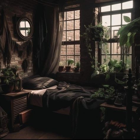 Dark Goth Bedroom Aesthetic, Dark Cottagecore House Bedroom, Dark Green Room With Wallpaper, Whimsi Goth Decor, Cozy Fantasy Bedroom, Earthy Goth Bedroom, Dark Cottage Core Room, Swamp Bedroom, Goth Cottagecore Bedroom