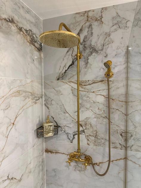 Antique Brass Exposed Pipe Shower System, Unlacquered Brass Shower System With Brass Handheld Shower Outdoor Shower Faucet Set Double Handle - Etsy Shower Head And Separate Handheld, Aged Brass Shower Fixtures, Exposed Shower Fixture, Shower Brass Fixtures, Brass Shower Fixtures, Brass Shower System, Restroom Ideas, Brass Bathroom Fixtures, Master Remodel