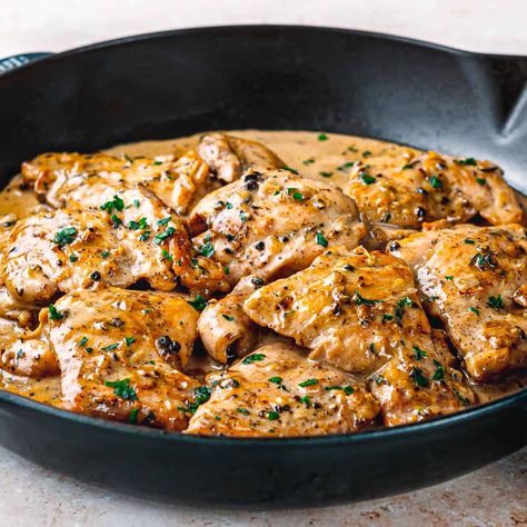 chicken au poivre recipe. Chicken Au Poivre Recipe, Chicken Au Poivre, Chicken In Wine Sauce, Chicken And Chorizo Pasta, Butternut Squash Risotto, Classic French Dishes, Gourmet Dinner, Simple Green Salad, Mashed Potato Recipes