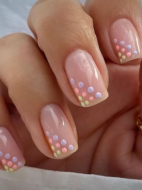 Pastel Pedicure Ideas, Easter Manicure Short Nails, Easter Polka Dot Nails, Pastel Dot Nails, Dot Art On Nails, Easy Easter Nail Art, Easter Nails Easy Simple, Fun Spring Nails Design Square, Easter Nail Designs 2023