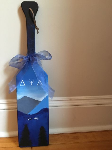 Mountain landscape sorority paddle, Delta Psi Delta Sorority Paddles Mountains, Paddle Sorority Big, Paddle Sorority, Fraternity Paddles, Big Little Paddles, Paddle Ideas, Greek Paddles, Phi Gamma Delta, Paint Inspo