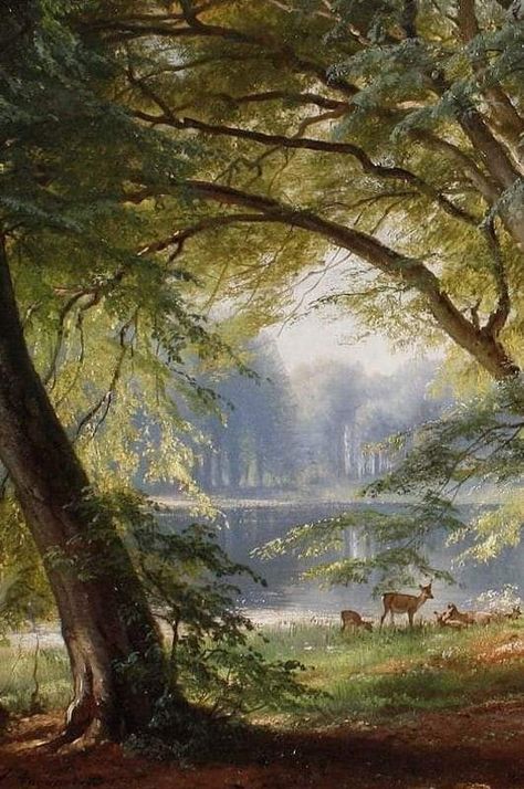 Deer Landscape Painting, Museum Sketch, Danish Landscape, Deer Paintings, History Drawing, Lake Oil Painting, Grass Flowers, Aesthetic Fairy, Lake Painting