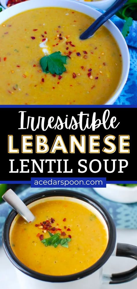 Indulge in the rich and warming flavors of this delicious Lebanese Lentil Soup! Made with red lentils, fresh vegetables, and a blend of curry powder, cumin, and lemon juice, this soup is not only gluten-free and vegan but easy to prepare in just a few simple steps. Perfect for chilly fall evenings, this soup will make you feel cozy and satisfied. Plus, you can easily freeze it for later to enjoy whenever you want! Vegetables Curry, Lebanese Lentil Soup, Coconut Lentil Soup, Red Lentil Soup Recipe, Paleo Soups, Curried Lentil Soup, Lentil Soup Recipe, Global Food, Lentil Soup Recipes