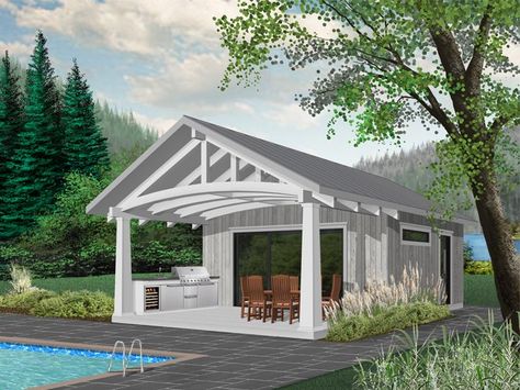 028P-0001: Cabana or Pool House Plan with Outdoor Kitchen Small Pool Houses, Pool House Shed, Moderne Pools, Pool Shed, Pool House Designs, Pool House Plans, Pool Cabana, House Shed, Modern Pools