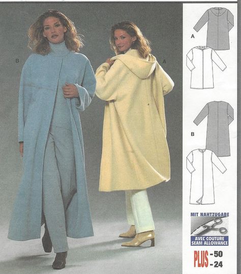 90s Womens Hooded Coat Knee or Above Ankle Burda by CloesCloset Womens Hooded Coat, Coat Sewing Pattern, Coat Sewing, Lagenlook Clothing, Hood Pattern, Coat Pattern Sewing, Beginner Sewing Patterns, Duster Jacket, Womens Sewing Patterns