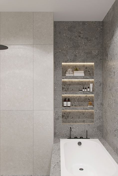 Bathroom Niche Design, Tile Around Bathtub, Bathroom Behance, Bathroom Niche, Flat Interior Design, Bathtub Decor, Washroom Design, Bathtub Design, Stone Bathroom