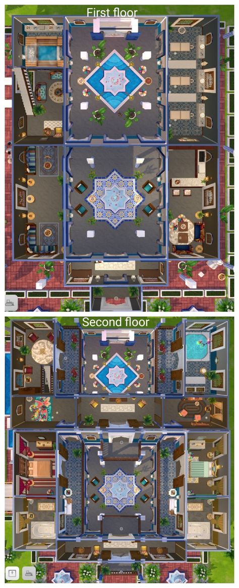 Moroccan Riad House Blueprints by Musa's Houses. Sims 4 Moroccan House, Moroccan House Plan, Riad House, Moroccan House, Moroccan Houses, Moroccan Riad, Sims Mobile, Build Projects, House Blueprints