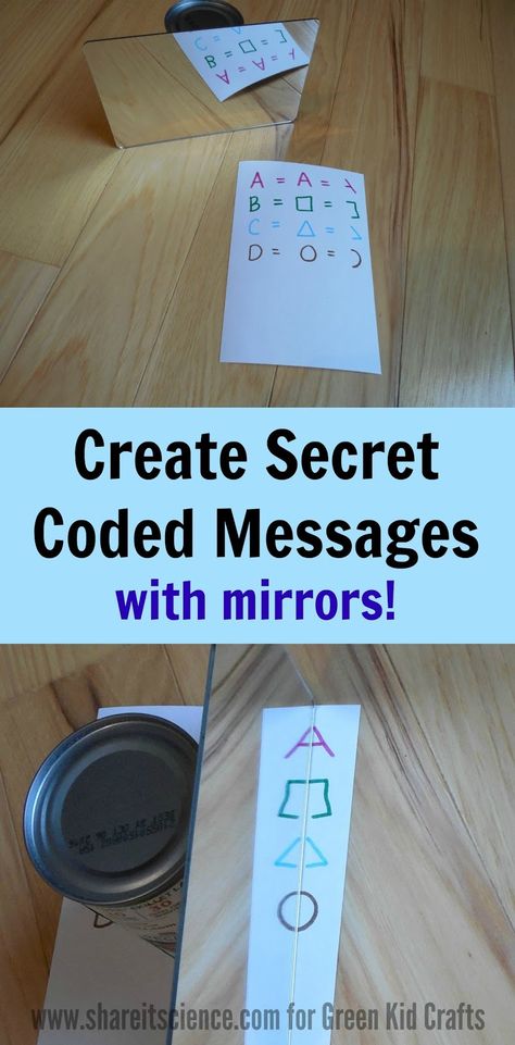 Kids investigate mirrors and reflections by devising their own secret coded messages! A fun science activity by Share it! Science featured on Green Kid Crafts Mirror Stem Activities, Reflection Science Activities, Mirror Activities, Reflection Math, Spy Activities, Code Secret, Reflection Activities, Science Stem, Science Games