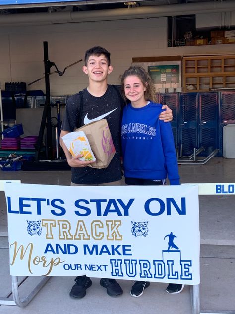 Promposal Ideas Track And Field, Pole Vault Hoco Proposal, Hurdle Promposal, Track Sadies Proposal, Track And Field Hoco Proposal, Track And Field Promposal, Track Prom Proposal Ideas, Track Themed Promposal, Hoco Proposals Ideas Track