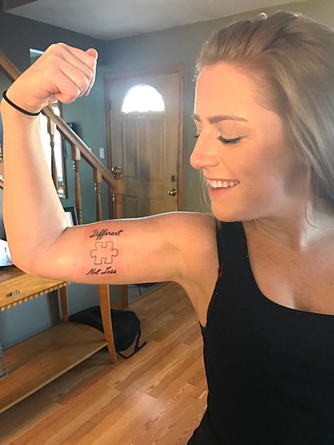 Different Not Less Tattoo, Puzzle Piece Tattoo With Flowers, Puzzle Piece Tattoo Siblings, Mother Daughter Puzzle Piece Tattoo, Cute Puzzle Piece Tattoo, Awareness Tattoos, Autisim Awearness Tattoos, Puzzle Piece Tattoo, Puzzle Tattoos