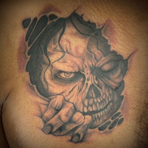 Creepy Face Tattoo by Pony Wave Demon Ripping Out Of Skin Tattoo, Tongue Tattoo Design, Creepy Face Tattoo, Horror Hand Tattoos, Evil Face Tattoo, Dark Tattoos Creepy Demons, Demon Face Tattoo, Hood Tattoos, Skin Tear Tattoo