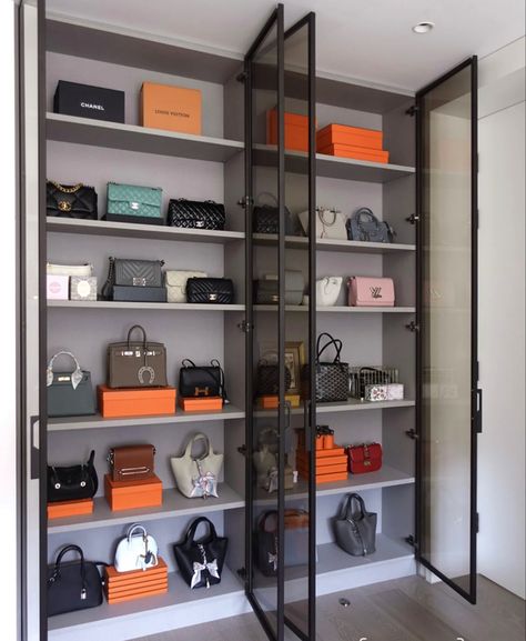 Handbag Cabinet Display, Shoes And Bags Closet Ideas, Luxury Bag Collection Closet, Bags Shelves Ideas, Luxury Bag Closet, Bag Collection Closet, Handbag Cabinet, Closet For Bags, Handbags Closet