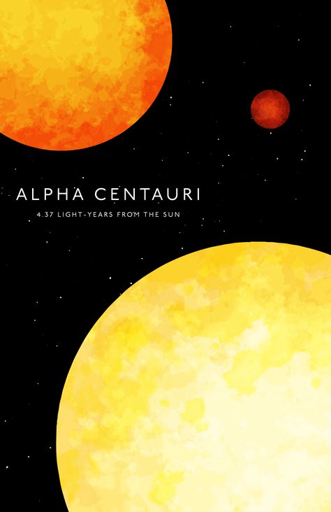 Minimalist Astronomy themed artwork depicting the Alpha Centauri system, along with the words "Alpha Centauri, 4.37 light years from the sun". It has orange and yellow colors on a black star spotted backdrop. Alpha Centauri Wallpaper, Alpha Centauri, Nasa Art, Astronomy Stars, Astronomy Art, Star System, Star Art, Science Art, Minimalist Poster